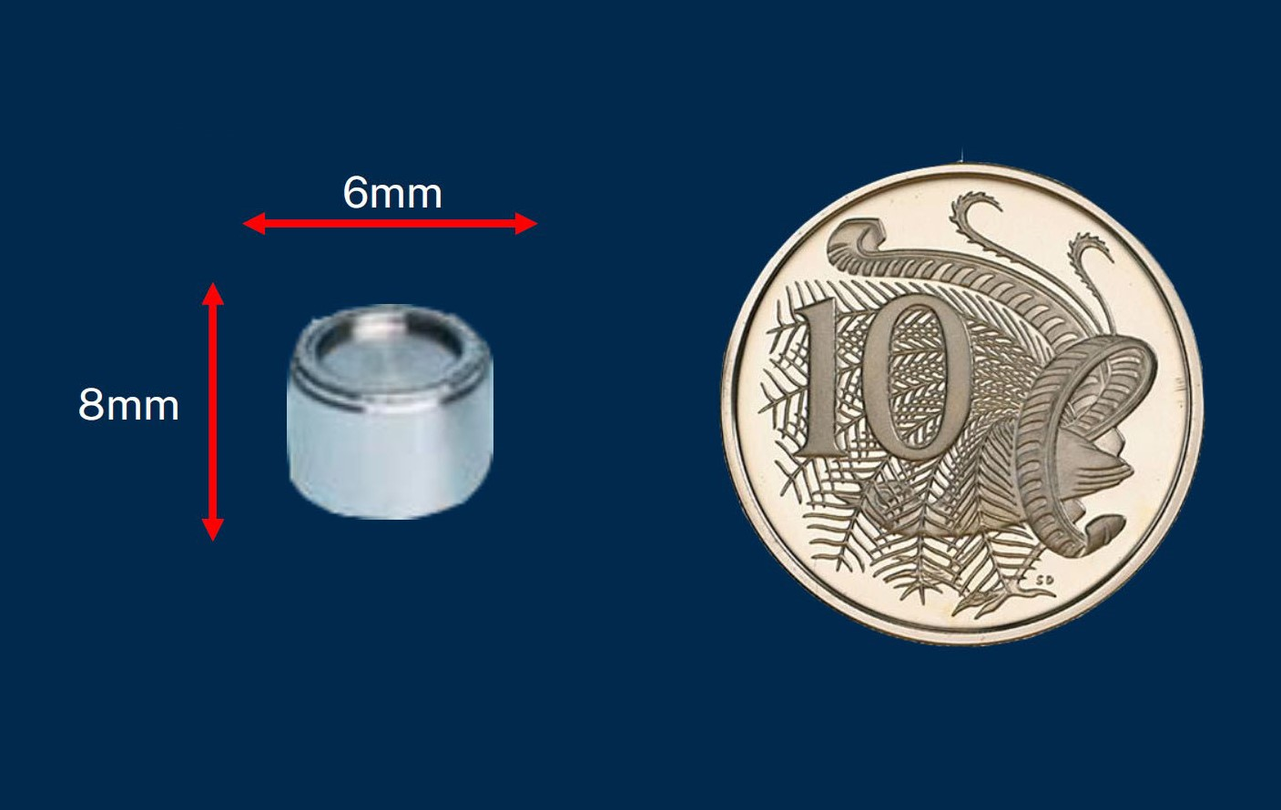 A small silver capsule is placed next to a 10c coin to compare the sizes.